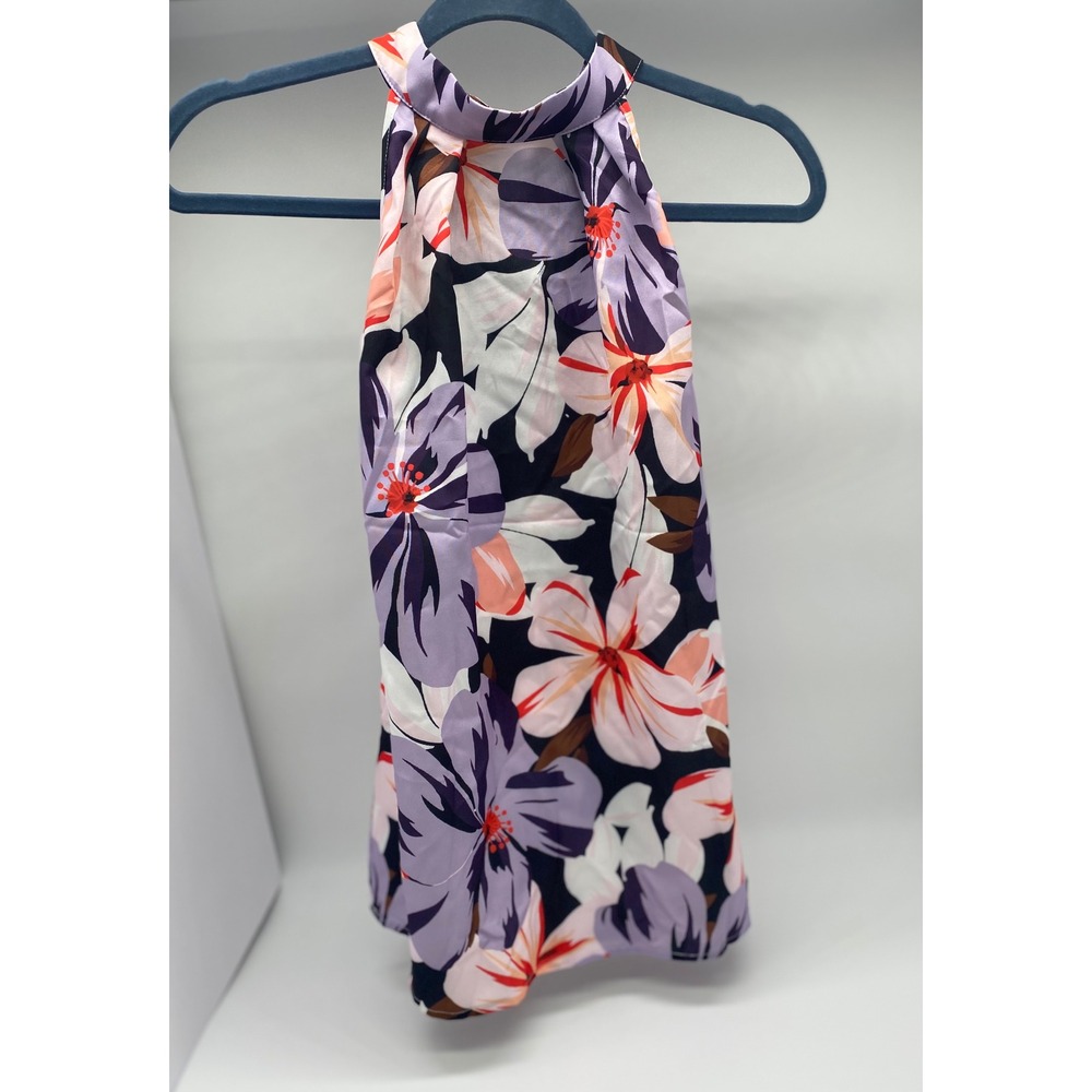 Purple Floral High Neck Halter Top Sleeveless Tropical Blouse Small - Picture 8 of 12